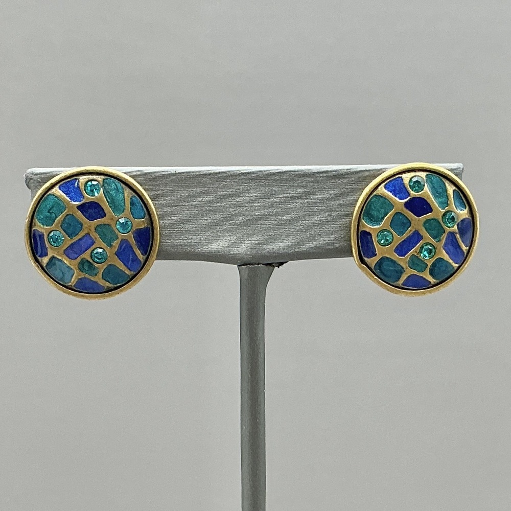 Chico's Earrings Clip-On Blue Turquoise Rhinestone Enamel Round Stud Womens